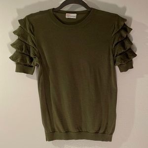 Red Valentino Olive Green Knit Short Sleeve Sweater with Ruffle Sleeve